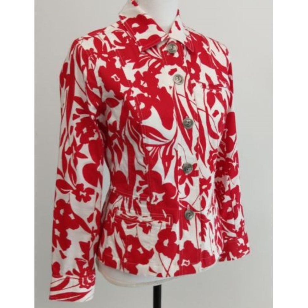 Chico's 0 Red & White Floral Fitted Jacket